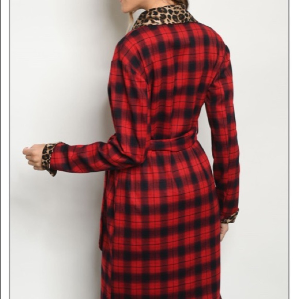 Red and Black buffalo Plaid Cheetah-leopard print jacket with waist tie - Picture 3 of 10